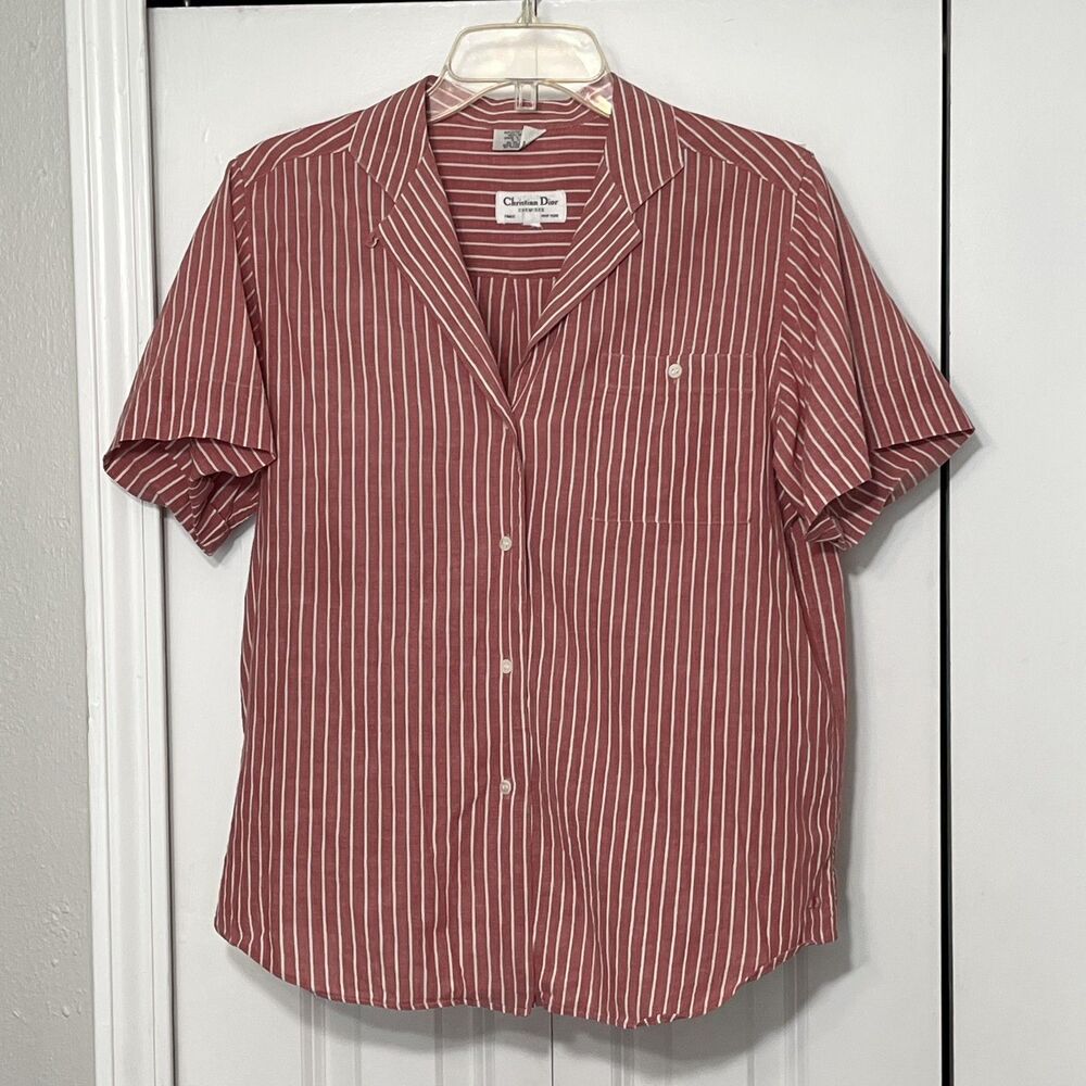 Vintage Christian Dior Striped Top Shirt Hickory Gingham 1970s Country Button Up